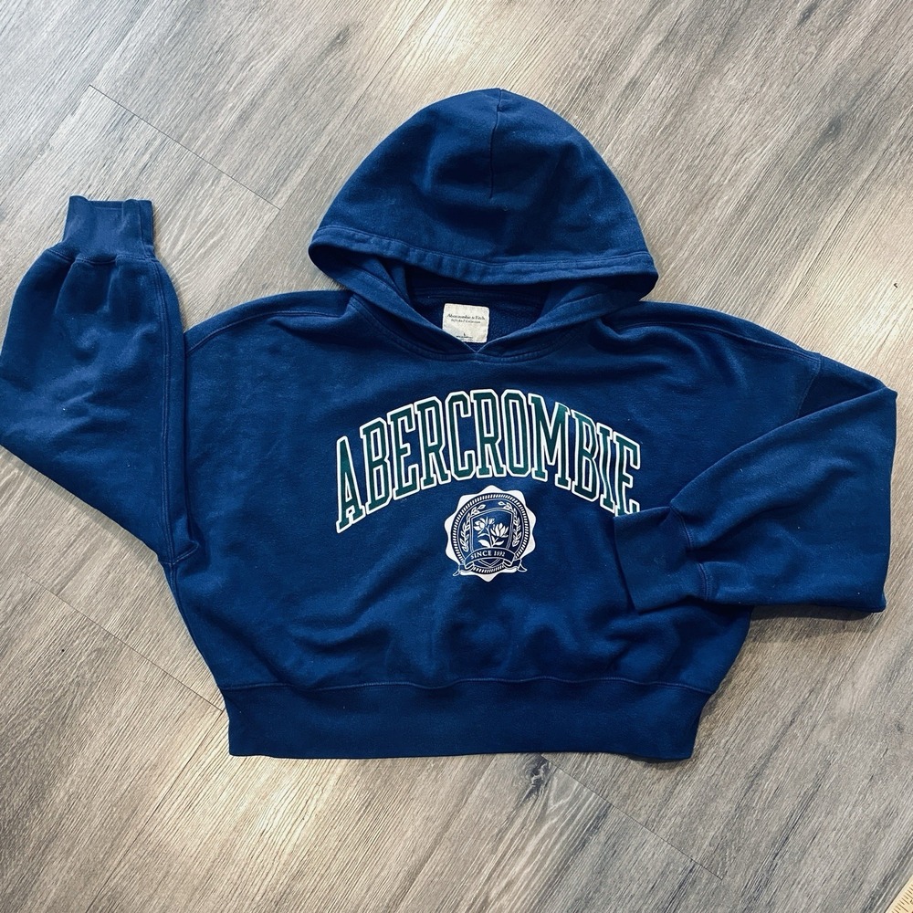 ABERCROMBIE‎ Soft A&F Collection Blue Crop Pullover Hoodie Size L Large